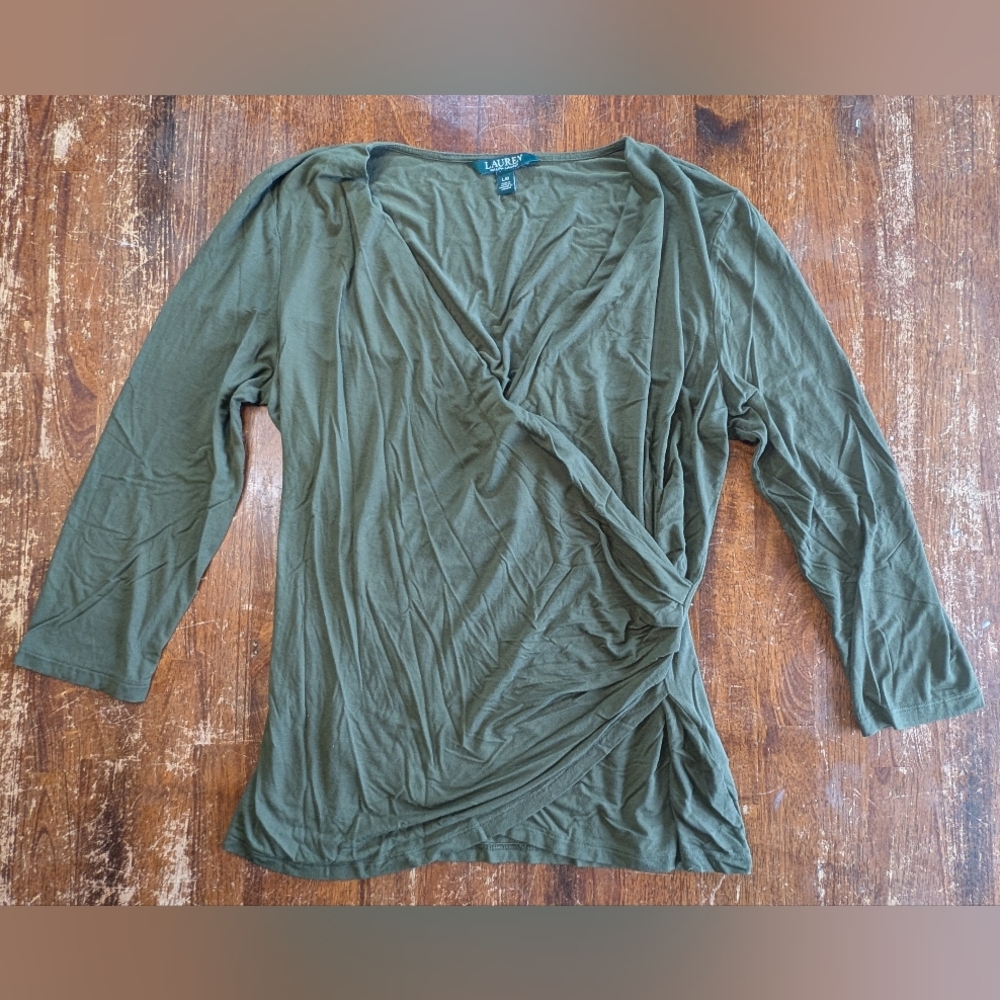 Ralph Lauren Olive Wrap Shirt Womens Large 3/4 Sleeve V-neck Blouse Top Casual